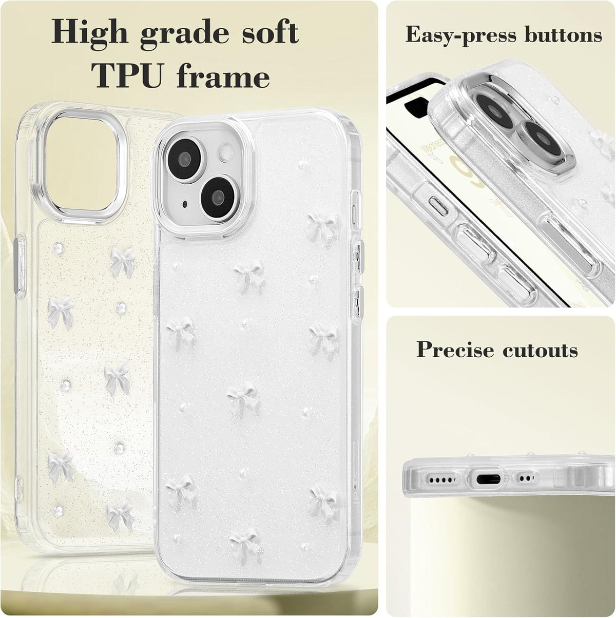 Phone Case Compatible with iPhone 15, Shiny 3D Bowknot Phone Case, Cute Transparent Bowknot, Thin, Soft and Durable, White iPhone 15