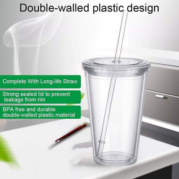 Double-walled plastic mug with lid and straw, insulated coffee mug, 500 ml, transparent – max