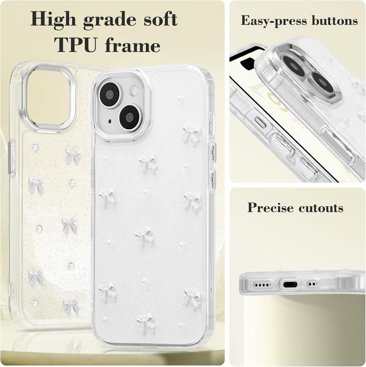 Mobile Case Compatible with iPhone 14 Plus, 3D Bowknot Mobile Case, Cute Transparent Bowknot, Thin, Soft and Durable, White White iPhone 14 Plus