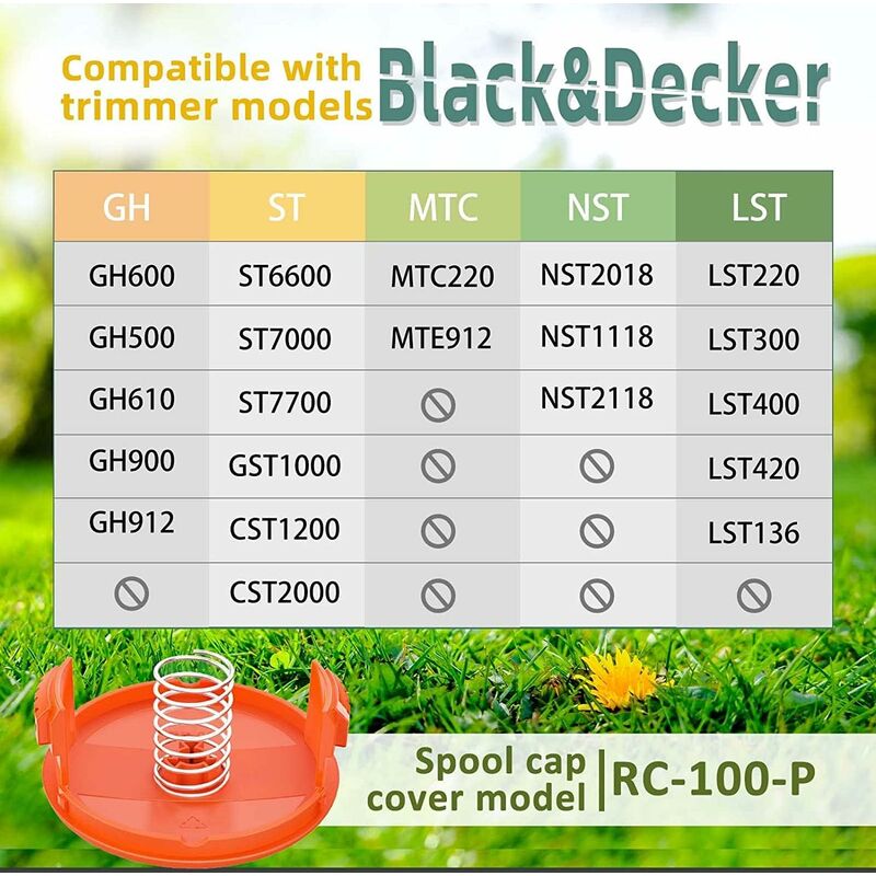 Black & Decker Trimmer Replacement Spools - 6 Pieces of 1.65mm Line, 10m Each, Includes Extra Spring & Cap
