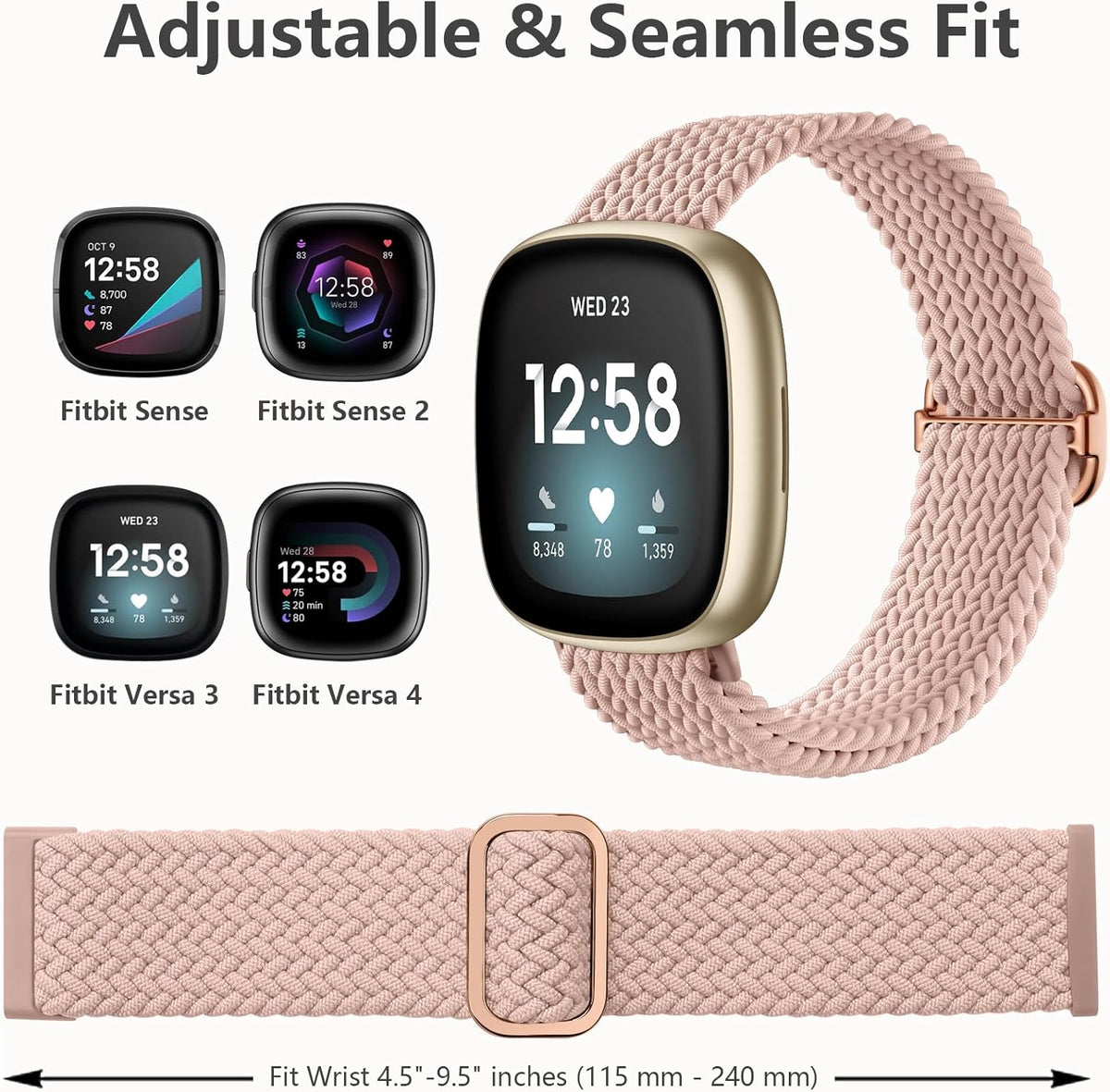 Elastic Braided Nylon Sport Strap for Fitbit Versa - Compatible Straps (Sense/Sense 2)