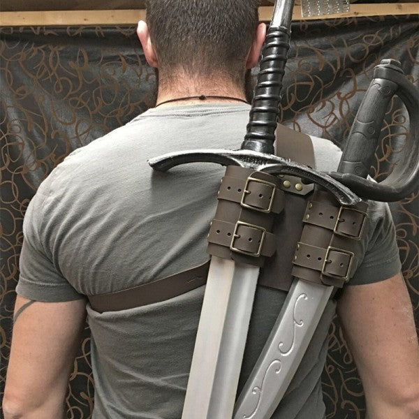 Medieval Wizard Double Back Scabbard Sword Scimitar Set Viking Pirate Warrior Holster Cosplay Brown