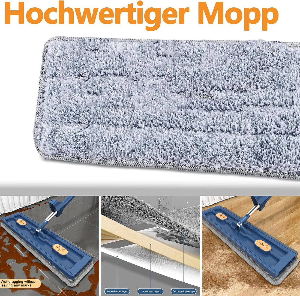 Large Flat Mop with 360° Rotatable Wringing Function, Microfiber Pads for Hardwood Blue + 2 rags