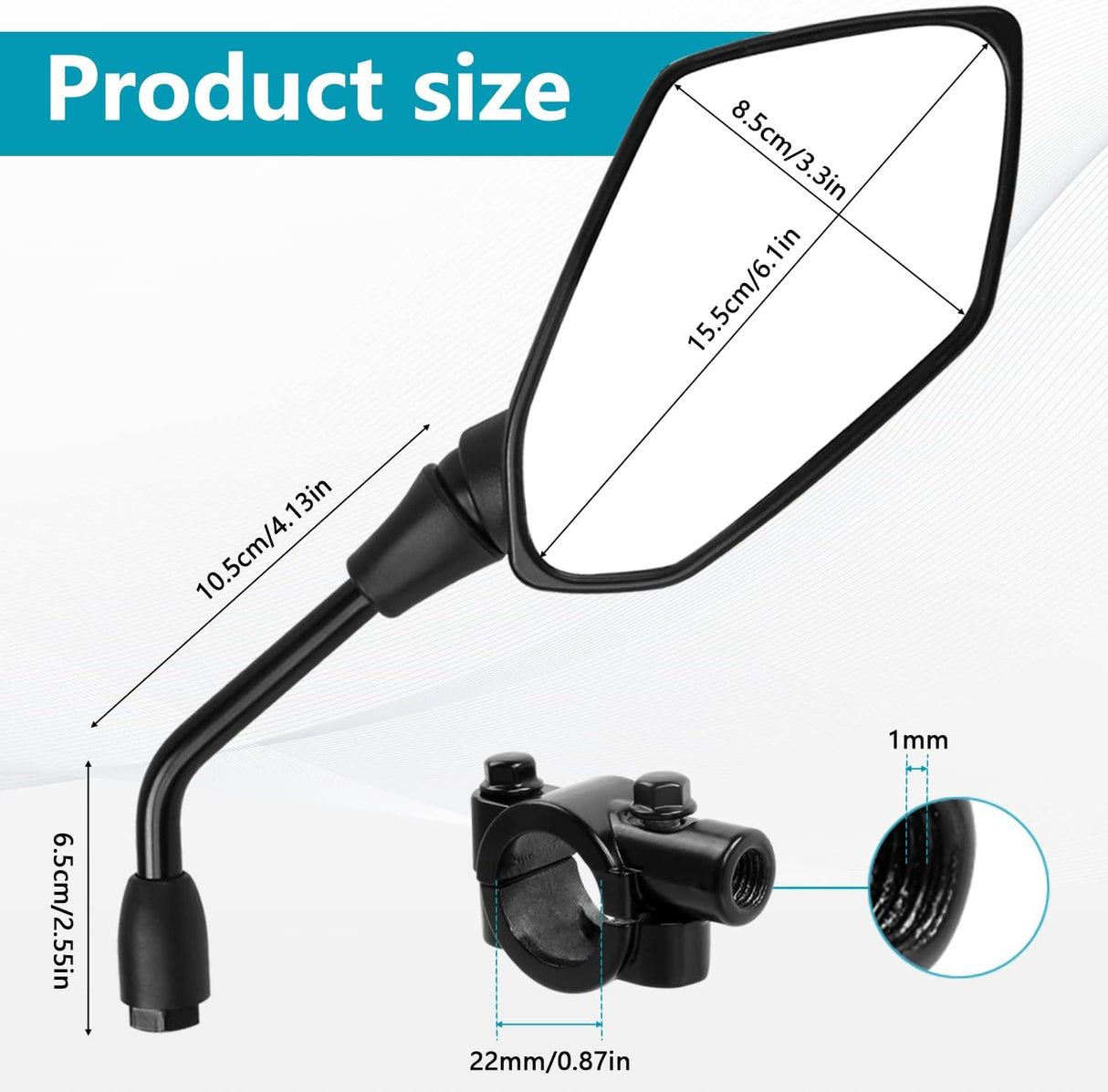 Motorcycle mirror, pair of universal rearview mirrors, suitable