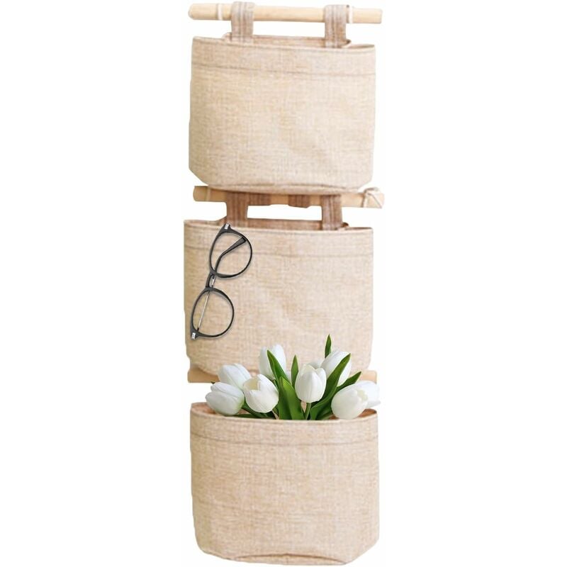 Hanging Storage Bag with Pockets 3 Layers Cotton Linen Canvas Hanging Storage Bag on Wall Door Organizer for Bedroom Bathroom