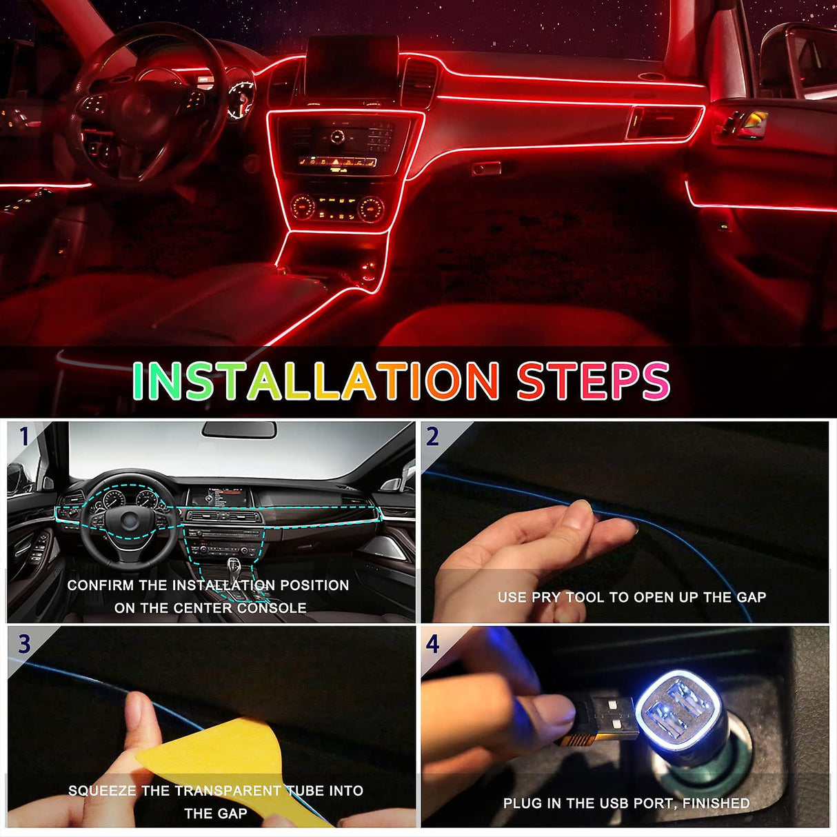 Car LED Interior Strip Light 3m USB Neon Wire Lamps Glowing Ambient Lighting Car Decorations Interior Red