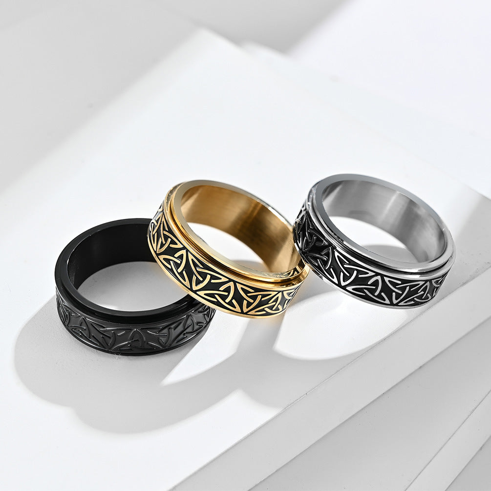 Nordic Norwegian Viking Triangle Knot Rotatable Titanium Steel Ring for Men and Women Relaxing Finger Ring Hand Forged