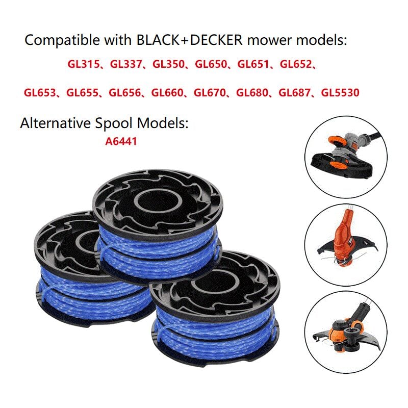 BLACK+DECKER 3-pack Replacement Spools for Trimmers, Reflex Plus Self-Unwinding Spool, 3 x 12 m Nylon Line, ⌀1.5 mm Line, A6441X3-XJ Blue