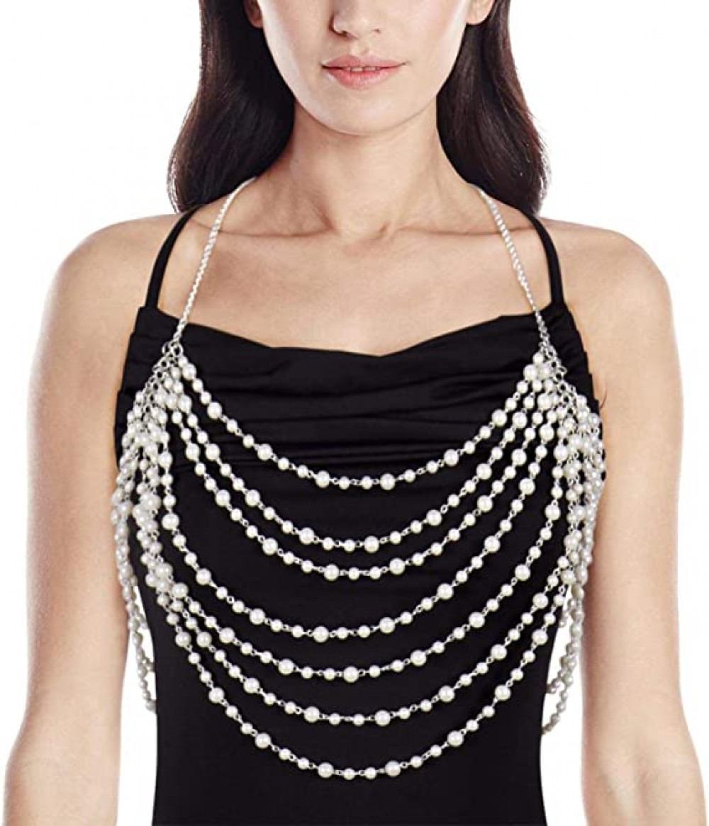 Sexy Body Chain, Multi-layer Pearl Necklace for Back, Waist, Beach Bikini, Fashion, Backless Dress, Strap, Bridal Jewelry (Gold)