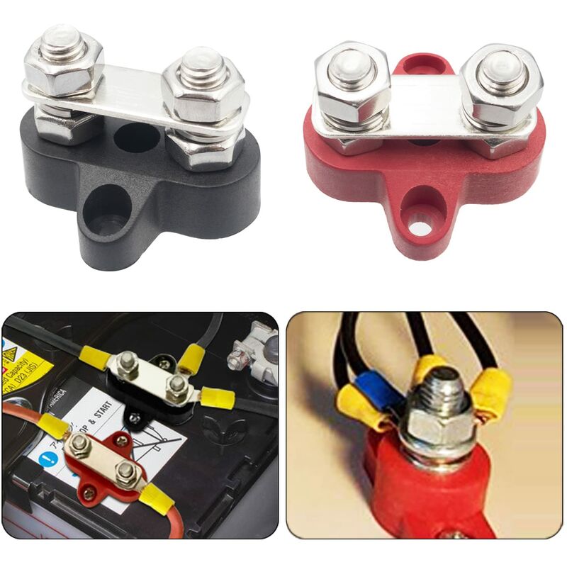 Busbar Terminal Block Battery Power Ground Terminal Block M8 Dual Pins 5/16\" Heavy Duty Terminals for Boat, RV and Solar Trucks - Black & Red