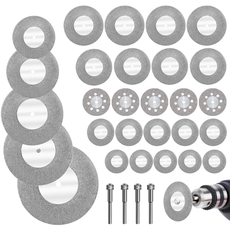 32pcs Mini Diamond Cutting Disc with 4pcs Mandrels Cutting Disc Mini Cutting Discs for Glass/Precious Stone/Wood/Metal/Ceramic-16/20/22/25/30/40/50/60mm