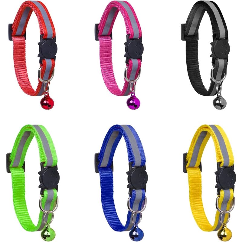 6X Adjustable Reflective Collars for Cats and Puppies with Bell and Safety Buckle, Cute Multicolor Pet Accessories