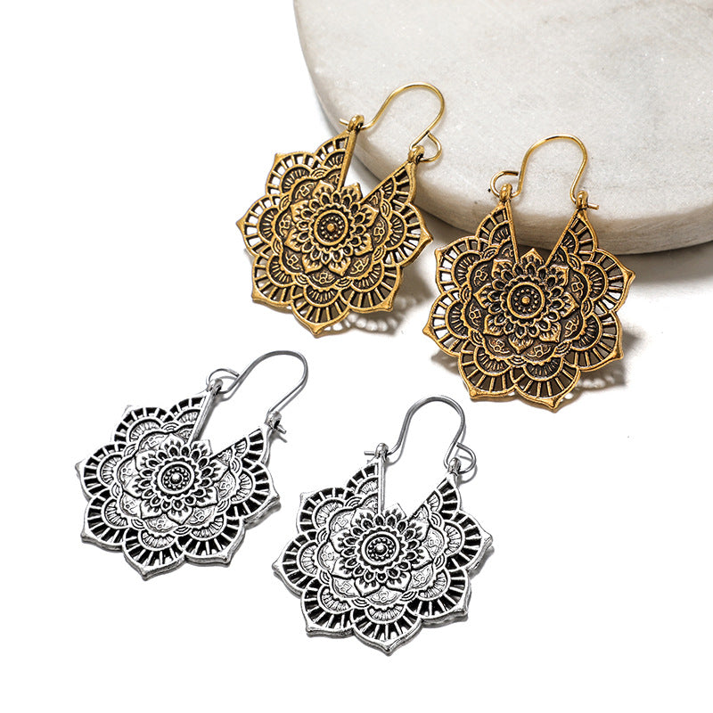 Vintage Silver Mandala Flower Dangle Earrings, Hanging Design