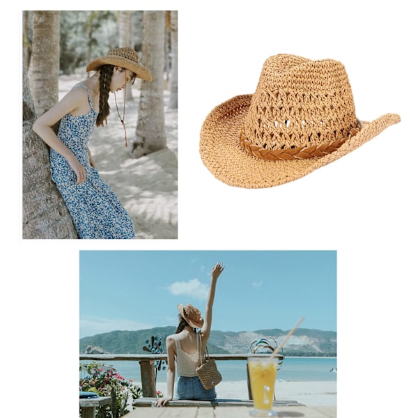 Straw Cowboy Hat Wide Brim Sun Hat Cowgirl Summer Panama