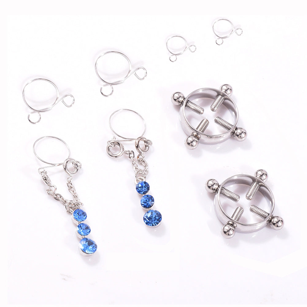 Fashion Water Drop Screw Non Pierced Nipple Ring Set Nipple Ring Body Jewelry (Blue)