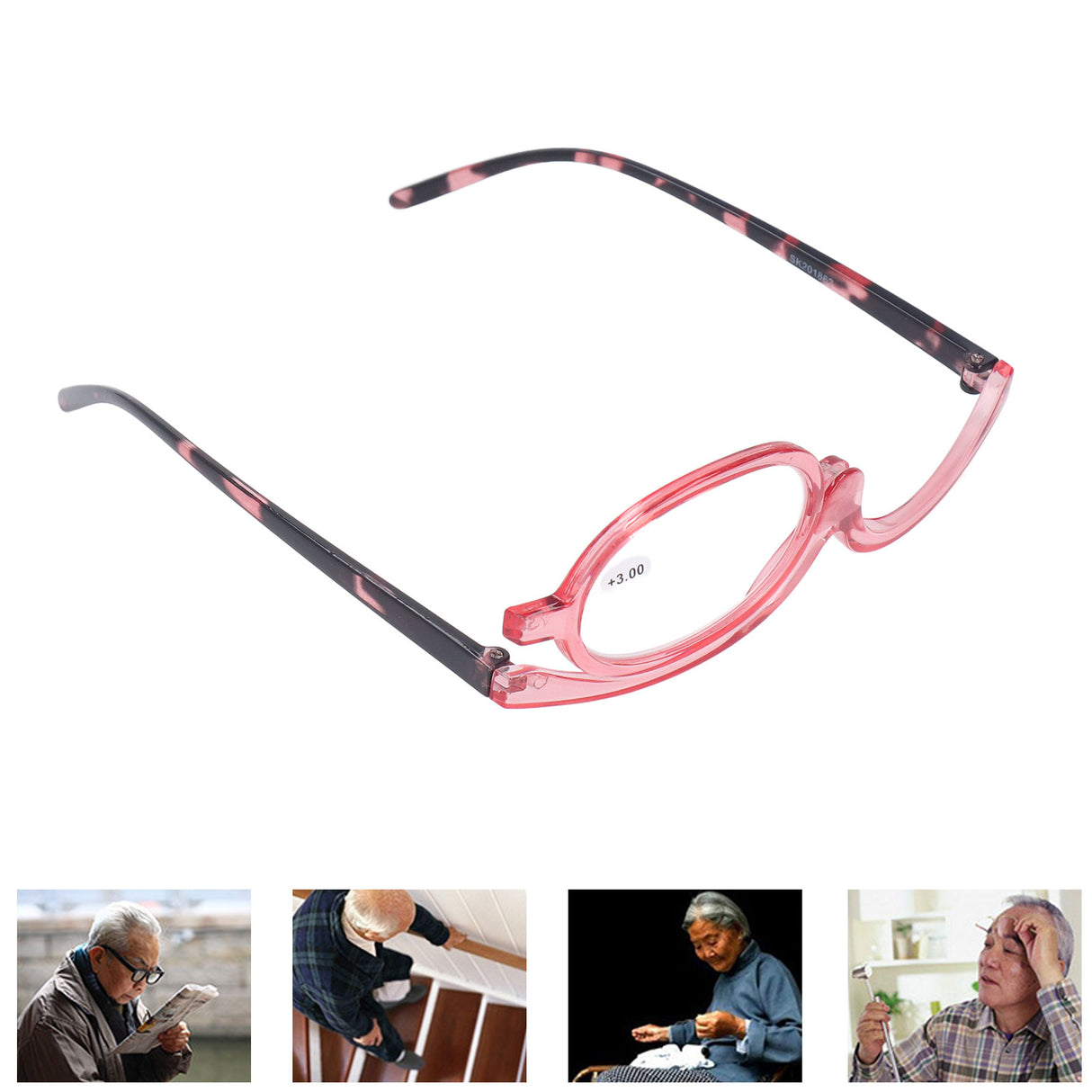 Makeup Glasses Lightweight Foldable Rotating Single Lens Women Magnifying Cosmetic Glasses, Pink, +3.00