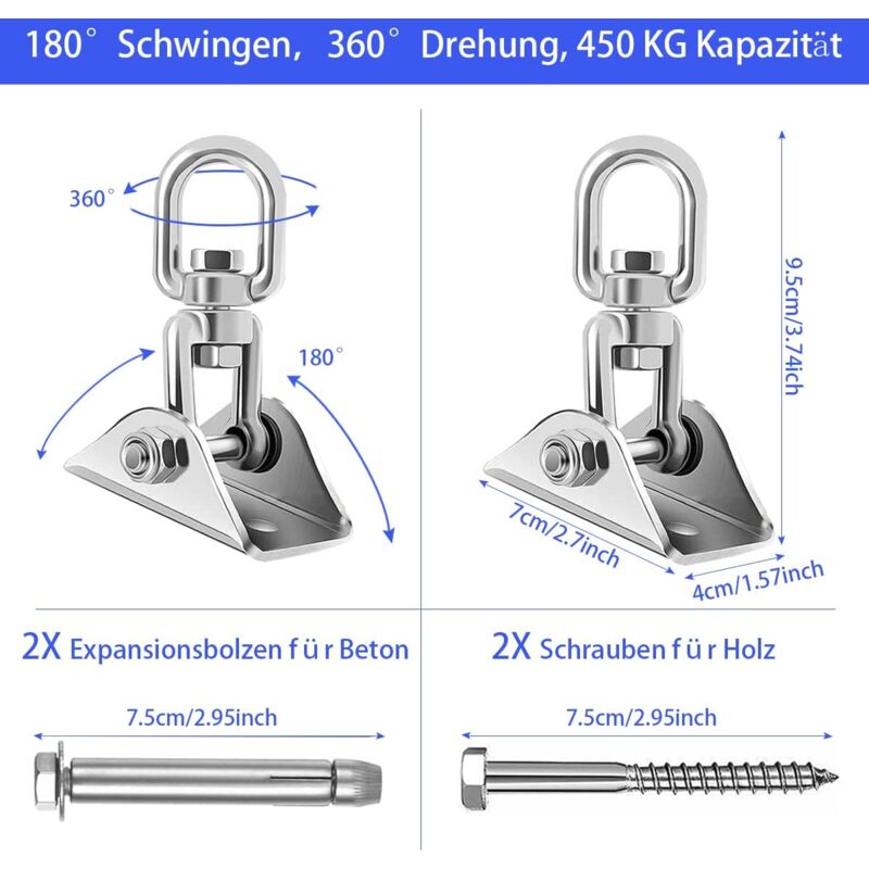 Ceiling Mount Hanging Chair Spring, Hammock Hanging Hooks Kit Stainless Steel 360° Rotation Ceiling Mount up to 450 kg