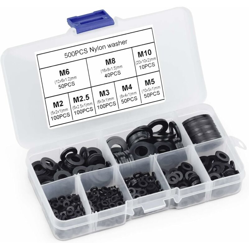500pcs Black Plastic Washers Lock Washers Fasteners, Self-Locking Washer Assortment Mechanical Washer M2.5 M3 M4 M5 M6 M8 M10