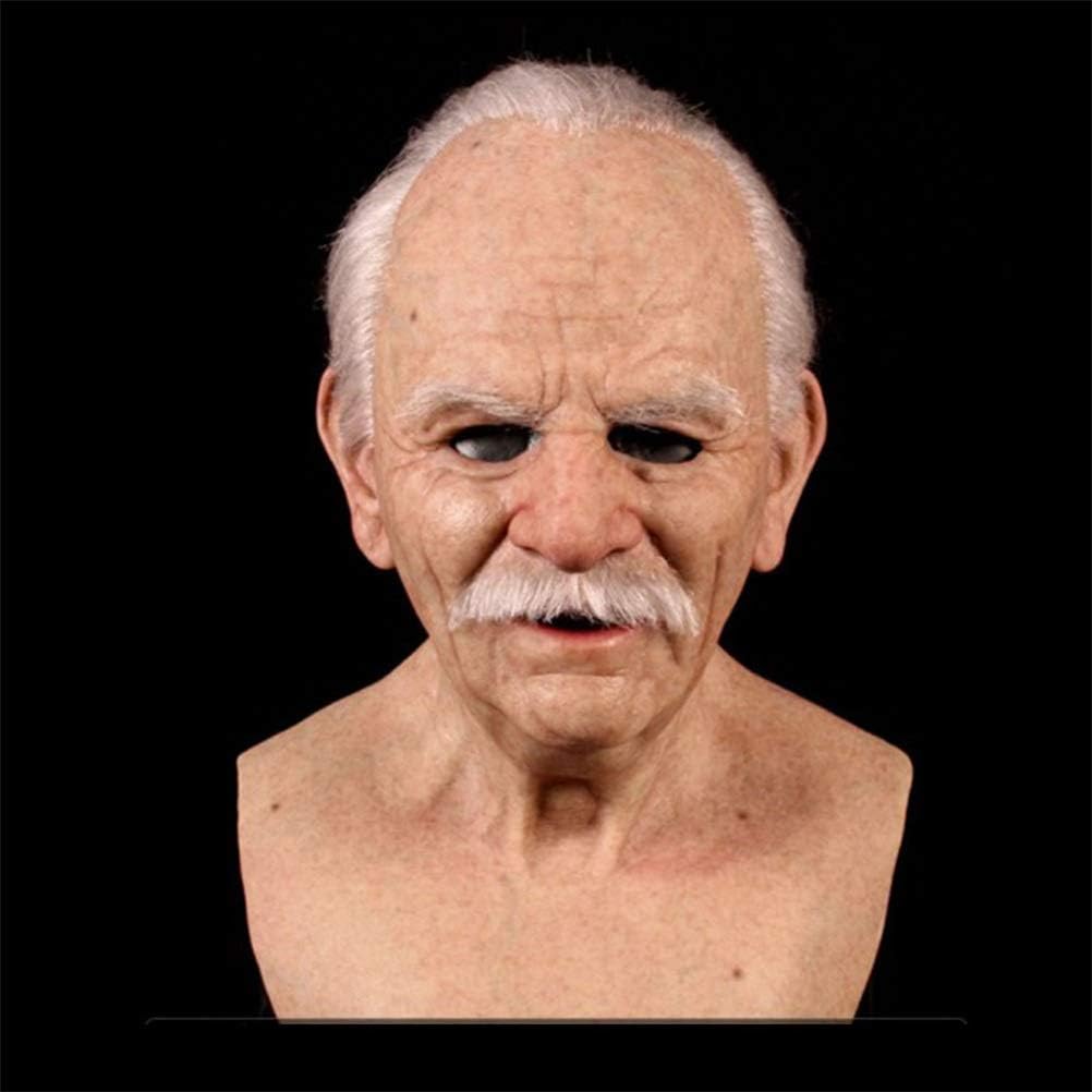 Halloween Old Man Headpiece, Realistic Silicone Mask Full Head Tricky Props White Beard With Hair