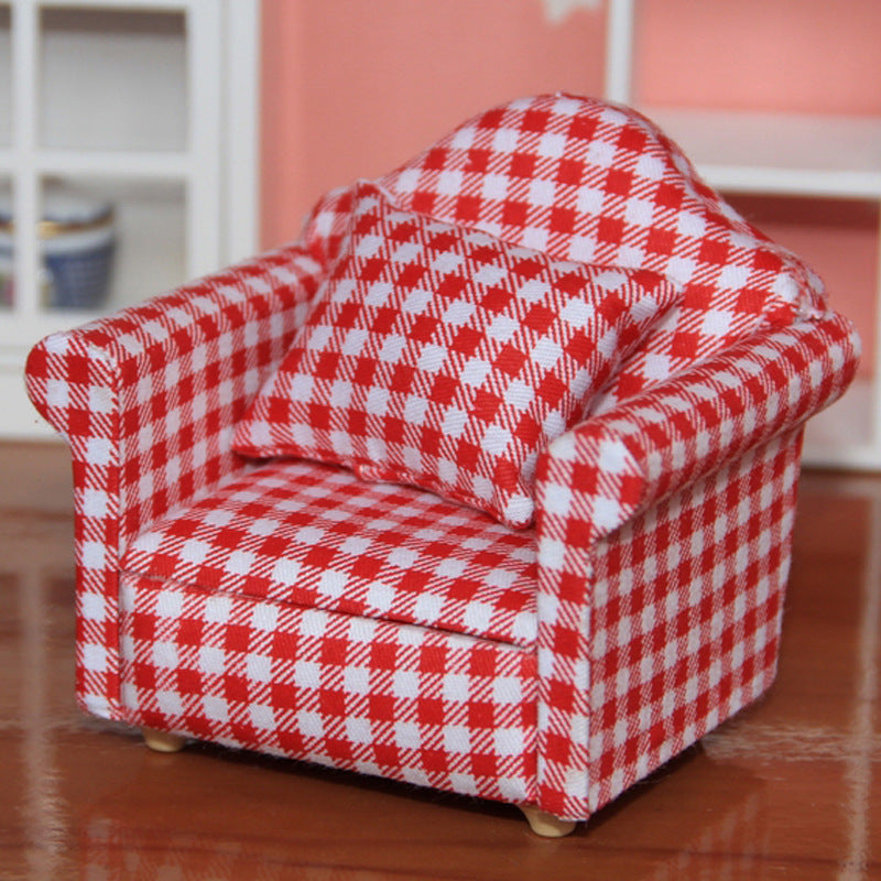 Country style armchair mini sofa dollhouse miniature sofa and set wooden simulation furniture girls' favorite gift Red sunrise check