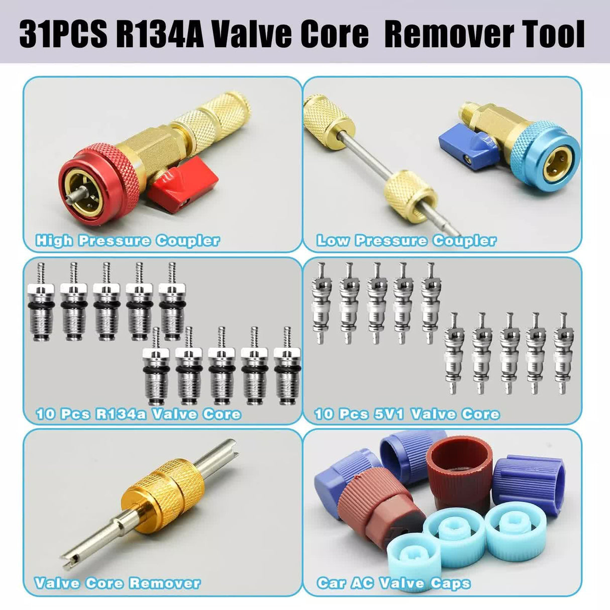Professional Car AC Repair Kit, Schrader Valve Core Removal Tool with Quick Release for High and Low Pressure R134A Refrigeration Systems