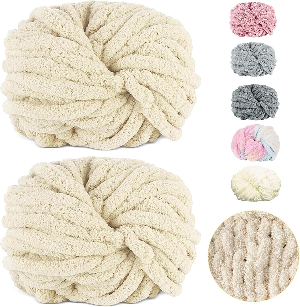 500g (250gx2) Chunky Yarn Ball approx 54m Chenille Chunky Fur Yarn Soft Wool Chunky Yarn Soft Knitting Yarn for Crochet Blankets Scarves Hats beige beige