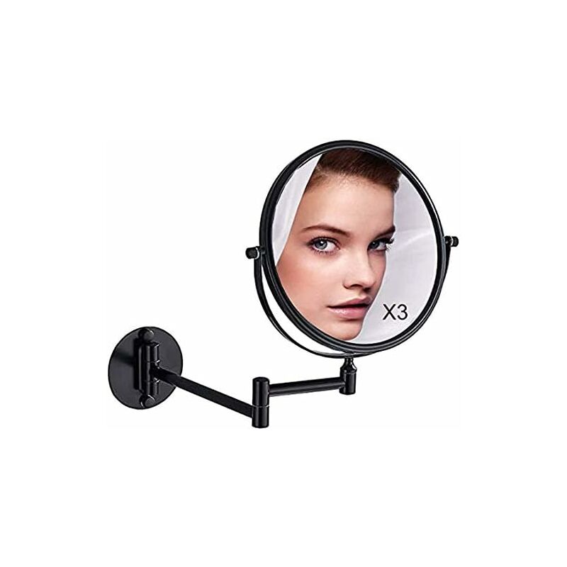 Wall Mounted Makeup Mirror x3, Black Makeup Mirrors Bathroom Mirror 20cm Double Wall Mirror, 360° Rotatable and Extendable