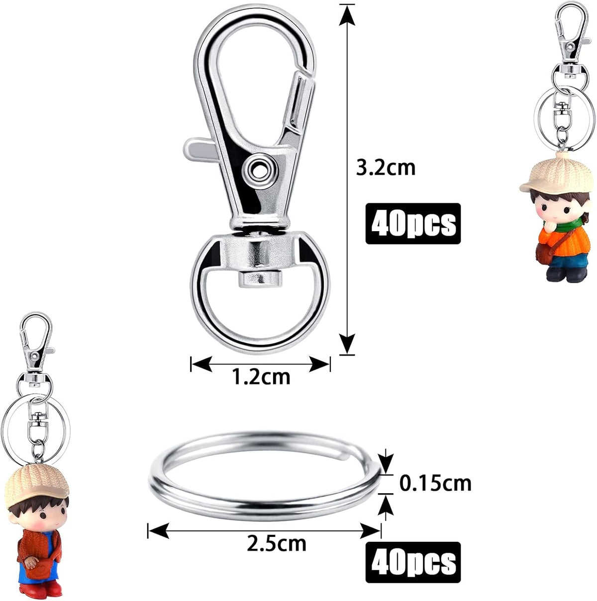 Small Stainless Steel Keychains, 100pcs Carabiner Keychains, DIY, DIY Ring, Button Lock, (Silver)