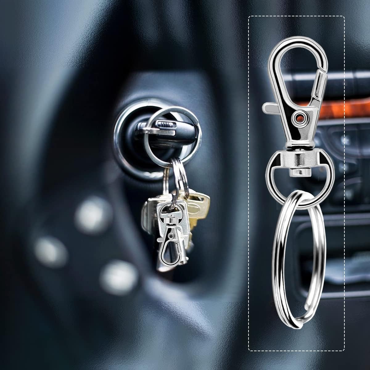 Small Stainless Steel Keychains, 100pcs Carabiner Keychains, DIY, DIY Ring, Button Lock, (Silver)