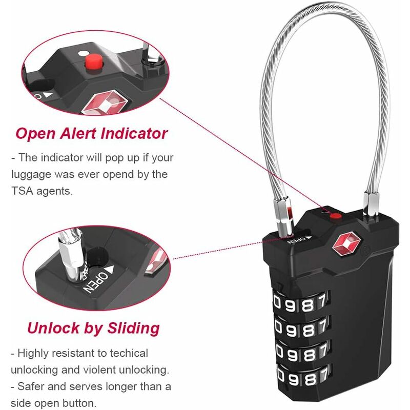 Luggage Lock, TSA 4-Digit Combination Lock for Suitcase with Opening Alarm, Code Lock Gym Cable Lock (1 Piece, Black)