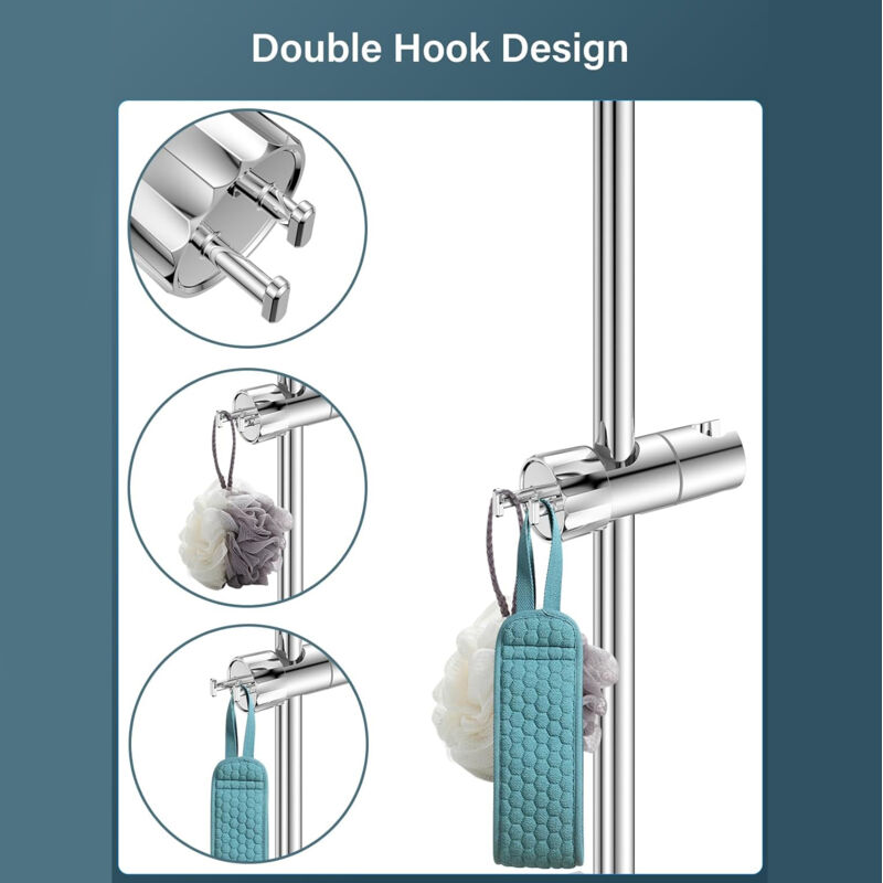 Adjustable Shower Head with 2 Hooks for 16-27mm Shower Rod, Wall Mounted Chrome Hand Shower Holder