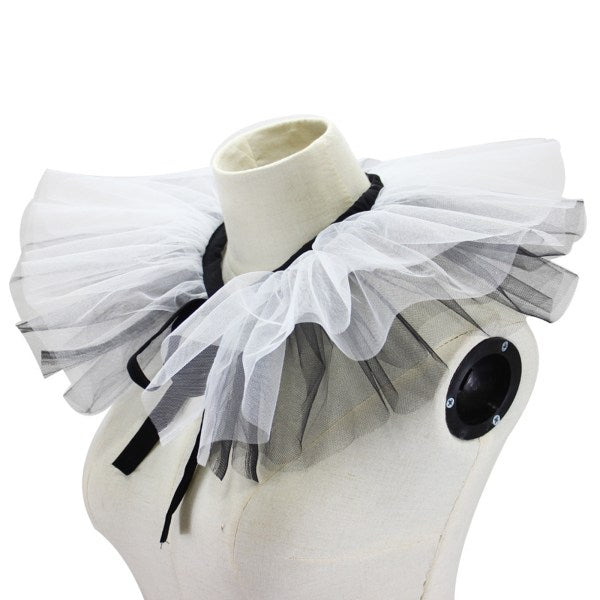 Women's Renaissance Tulle Ruffled False Collar Layered Black White Mesh Clown Choker Lace Up Victorian Neck Ruff Shawl Cosplay Props