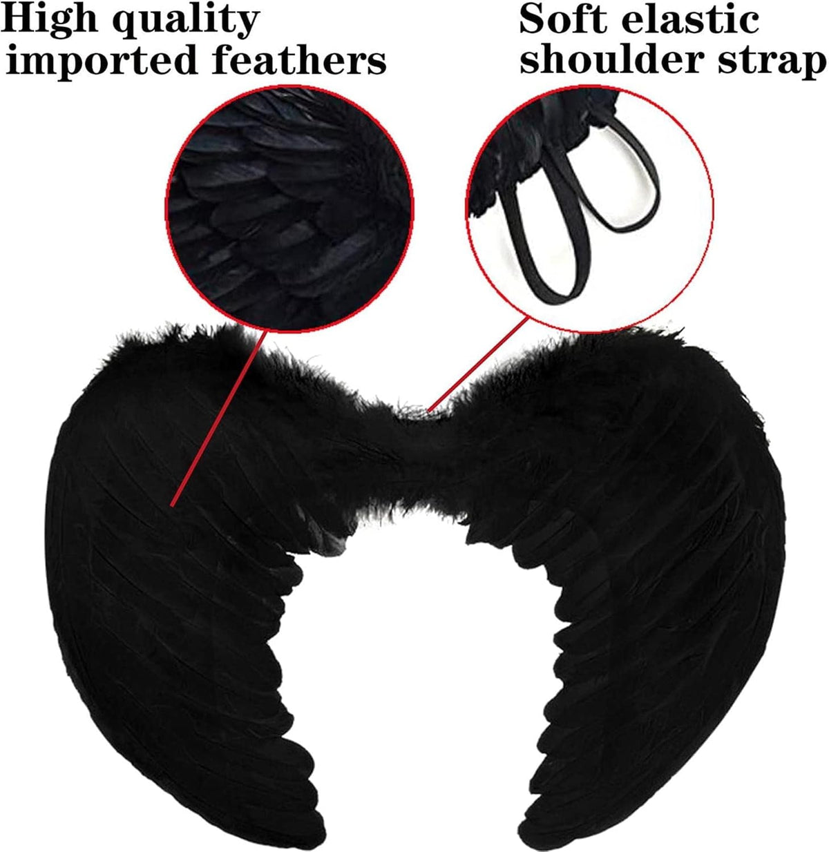 Angel Wings, Black, Angel Costume for Women, with Halo and Black Wings, for Girls, Feather Wings Fallen Angel Wings - Black-45 cm