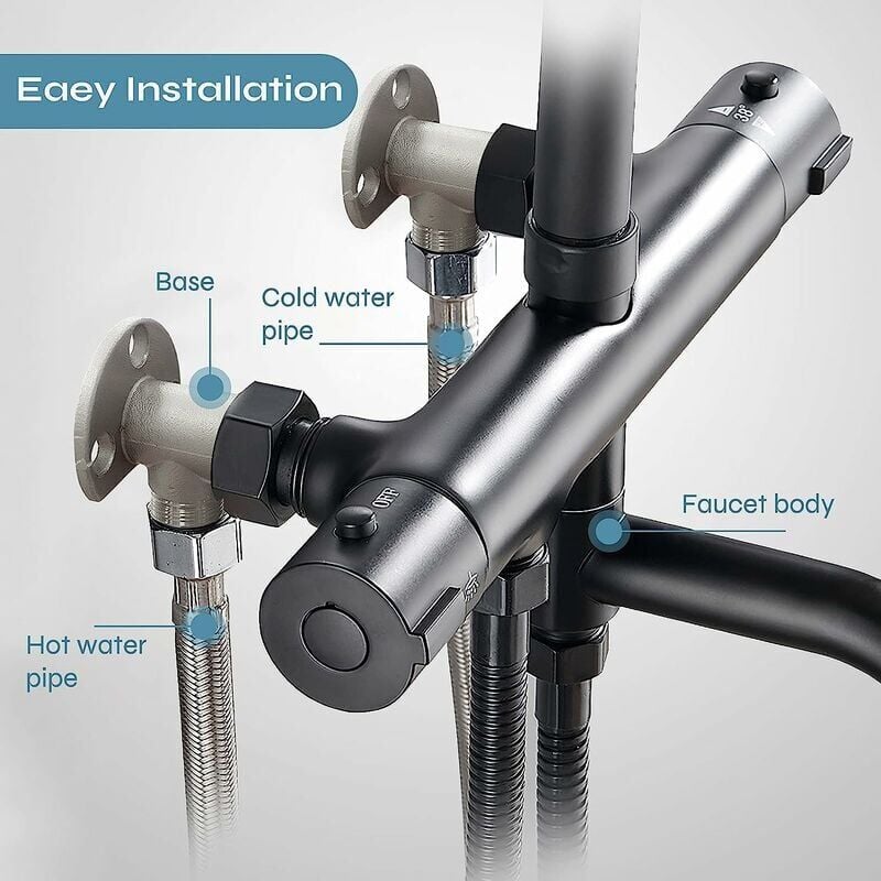 Installation kit for connecting hose to exposed tap. Outdoor shower system thermostatic mixer conversion built into the surface