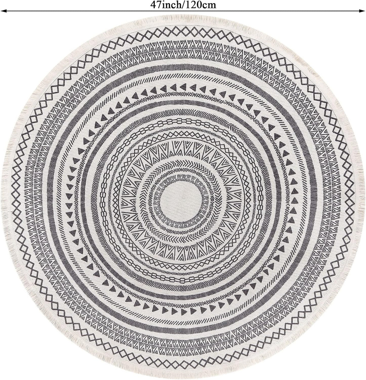Grey Round Woven Cotton Rug with Fringes 120cm Washable Absorbent Rug Moroccan Style Print 120*120CM—yux 120*120CM