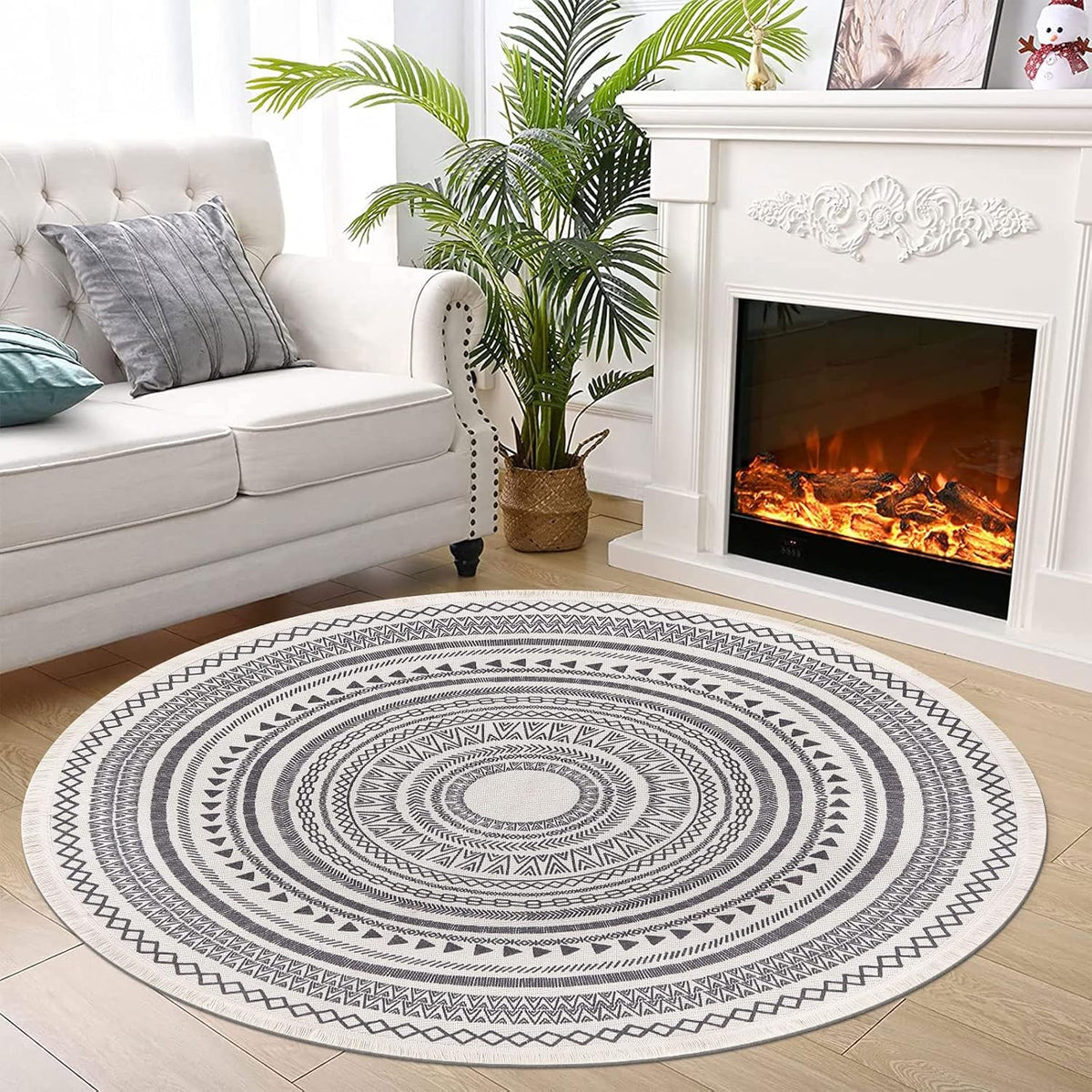 Grey Round Woven Cotton Rug with Fringes 120cm Washable Absorbent Rug Moroccan Style Print 120*120CM—yux 120*120CM