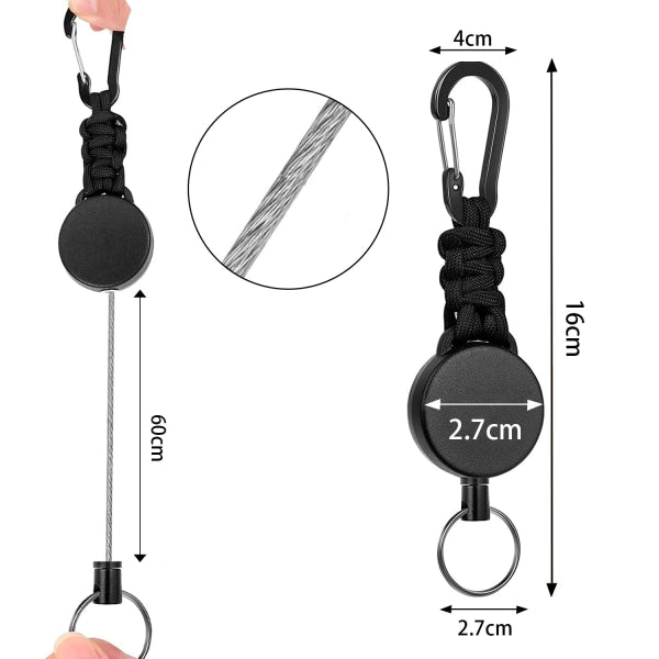 3-pack retractable key rings, retractable key ring with carabiner, retractable cord with 60 cm steel cable and key ring, 170g-200g tensile strength