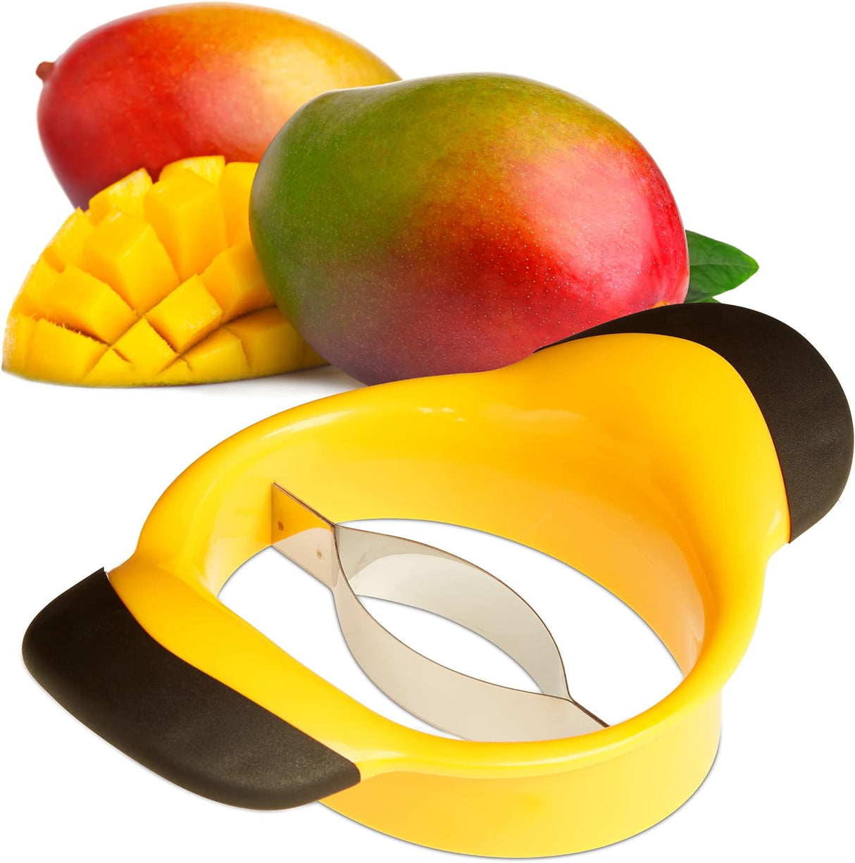 Mango Slicer, Split & Core Mangoes, Non-Slip Handles, Stainless Steel Blade, Slicer, Black-Yellow_yux