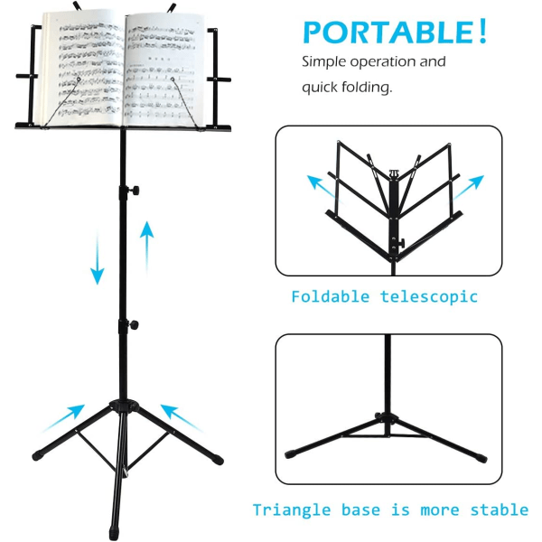 {CA}Adjustable Music Stand, Portable Foldable Metal Stand with Carrying Bag, Lightweight for Storage or Travel, Black