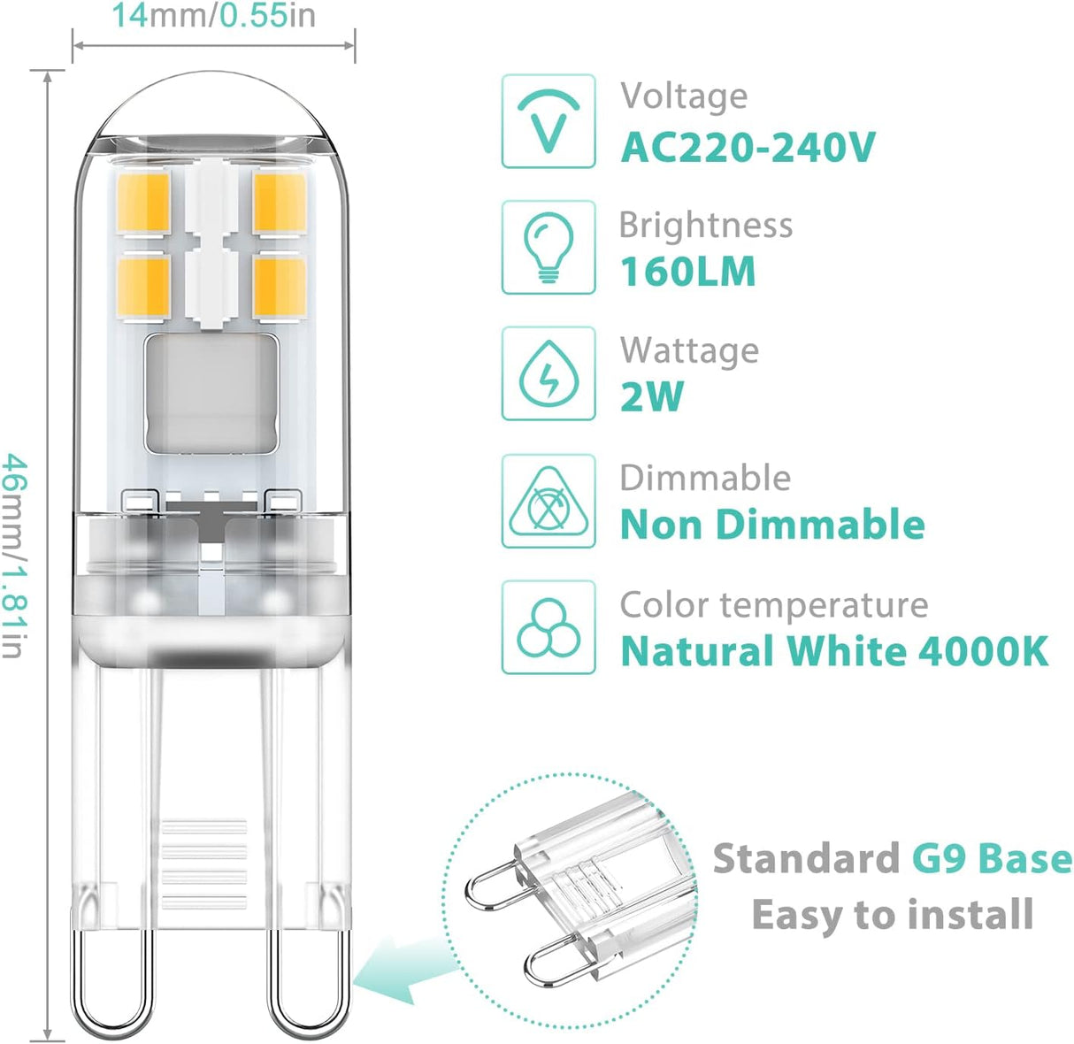 G9 LED bulbs 1.5W equivalent to 20W halogen natural white light 4000K, AC 220-240V, non-dimmable, mini bulb, flicker-free, 6-pack_MGF