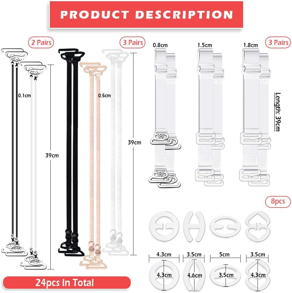 24pcs Transparent Bra Straps, Invisible Adjustable Bra Straps Non-slip Bra Replacement Straps, 8pcs Transparent Bra Strap Clips + 16pcs Bra Straps_xx_yux