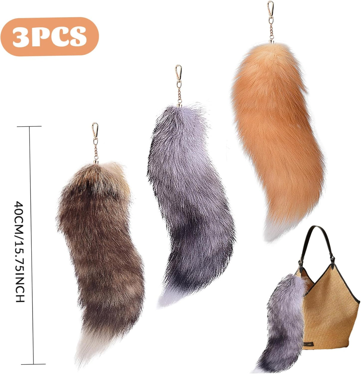 40cm Therian Fox Tail with Lock, Fluffy Faux Fur Fox Tail Keychain Faux Wolf Tail Cosplay Handbag Accessory Costume for Women Adult_tfrf
