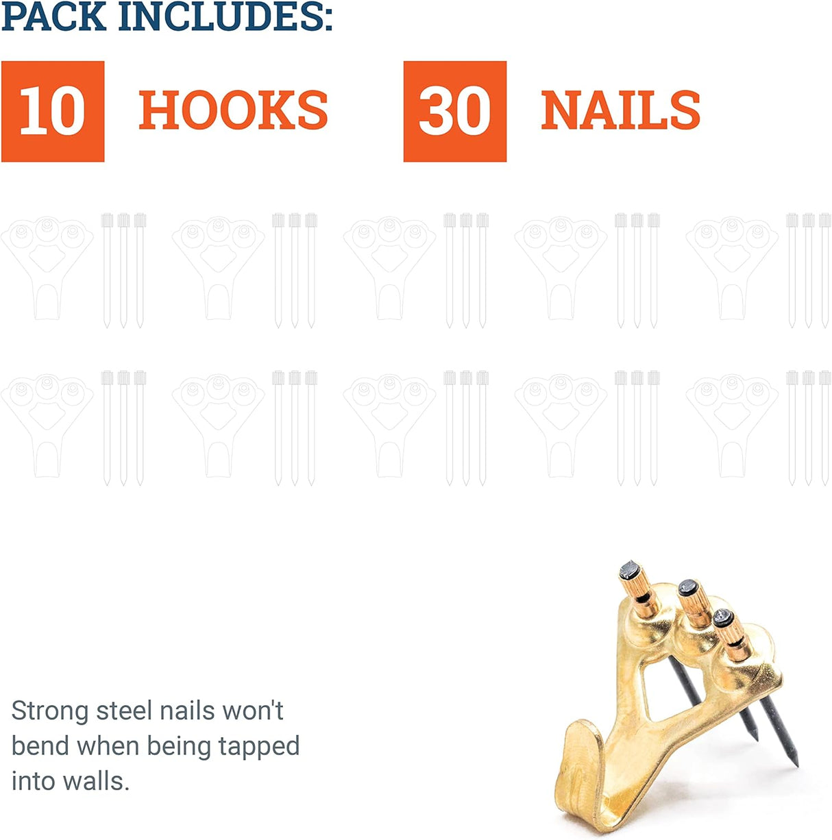 Heavy Duty Picture Hooks Hold Up to 45 kg - 10-pack with Nails | Picture Hooks for Drywall - Mirrors