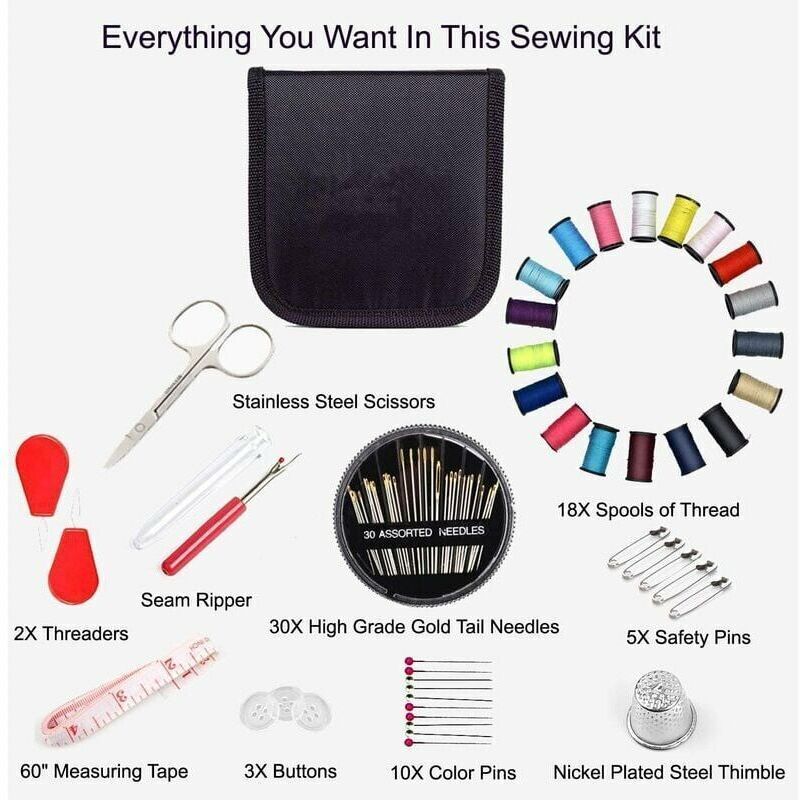 Mini Sewing Kit with 52 Sewing Accessories, 18 Thread Spools with Black Sewing Box for Beginners Kids Travelers Sewing Machine Adults Girls (Small)