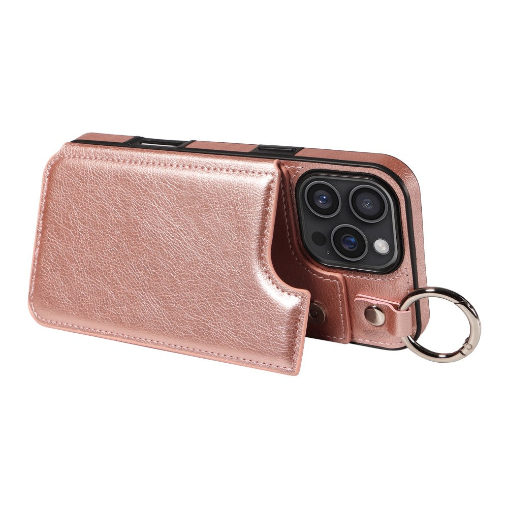 SKALO iPhone 16 Pro Max PU Leather Card Holder with Ring Case - Rose Gold Pink gold_yux