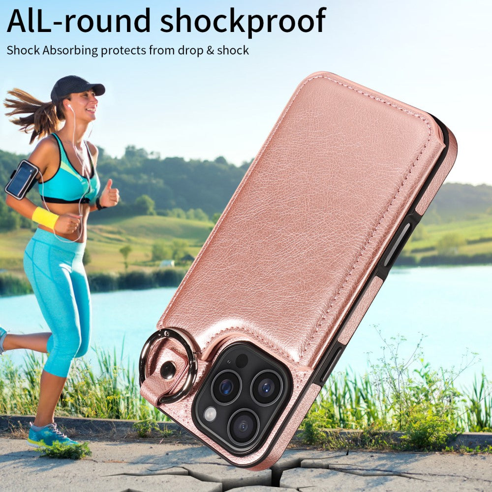 SKALO iPhone 16 Pro Max PU Leather Card Holder with Ring Case - Rose Gold Pink gold_yux