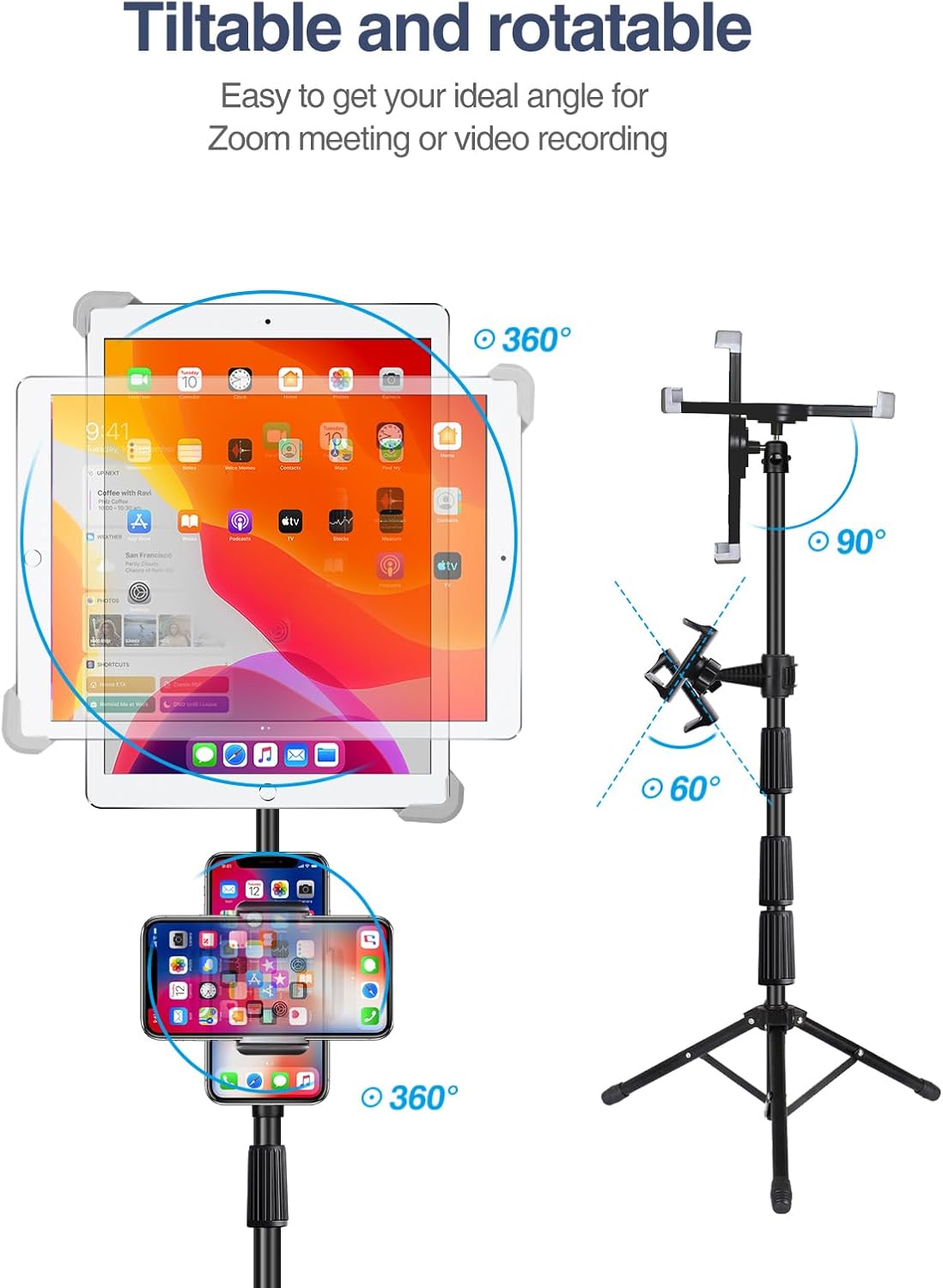Compatible with iPad Stand, Height Adjustable iPad Holder Stand & Floor iPad Stand with 360° Rotating iPad Stand Mount