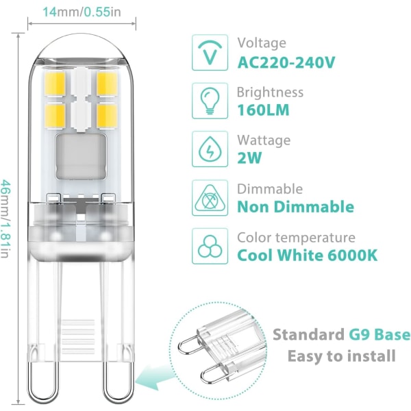 G9 LED bulbs 1.5W equivalent to 20W halogen cool white light 6000K, AC 220-240V, non-dimmable, mini bulb, flicker-free, 10-pack_max