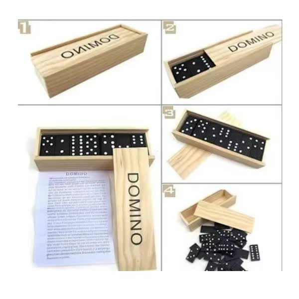 Traditional Domino Game - 28 pieces, wooden case with sliding lid for children and adults, black color, wooden game, educational aid