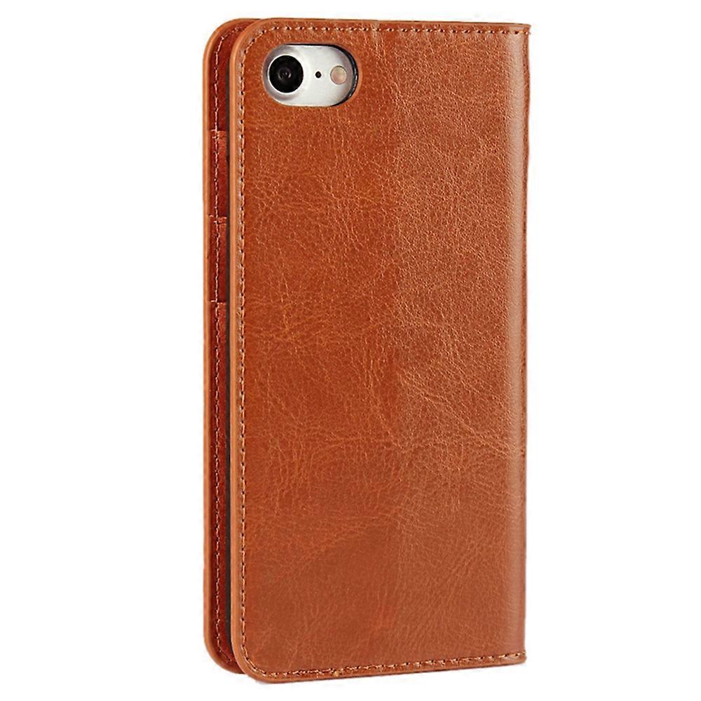 For iPhone SE (2020)/SE (2022)/8/7 4.7 inch Oil-Rimmed Crazy Horse Genuine Leather Attached Hard PC Inner Case Wallet Stand Flip Phone Case Brown
